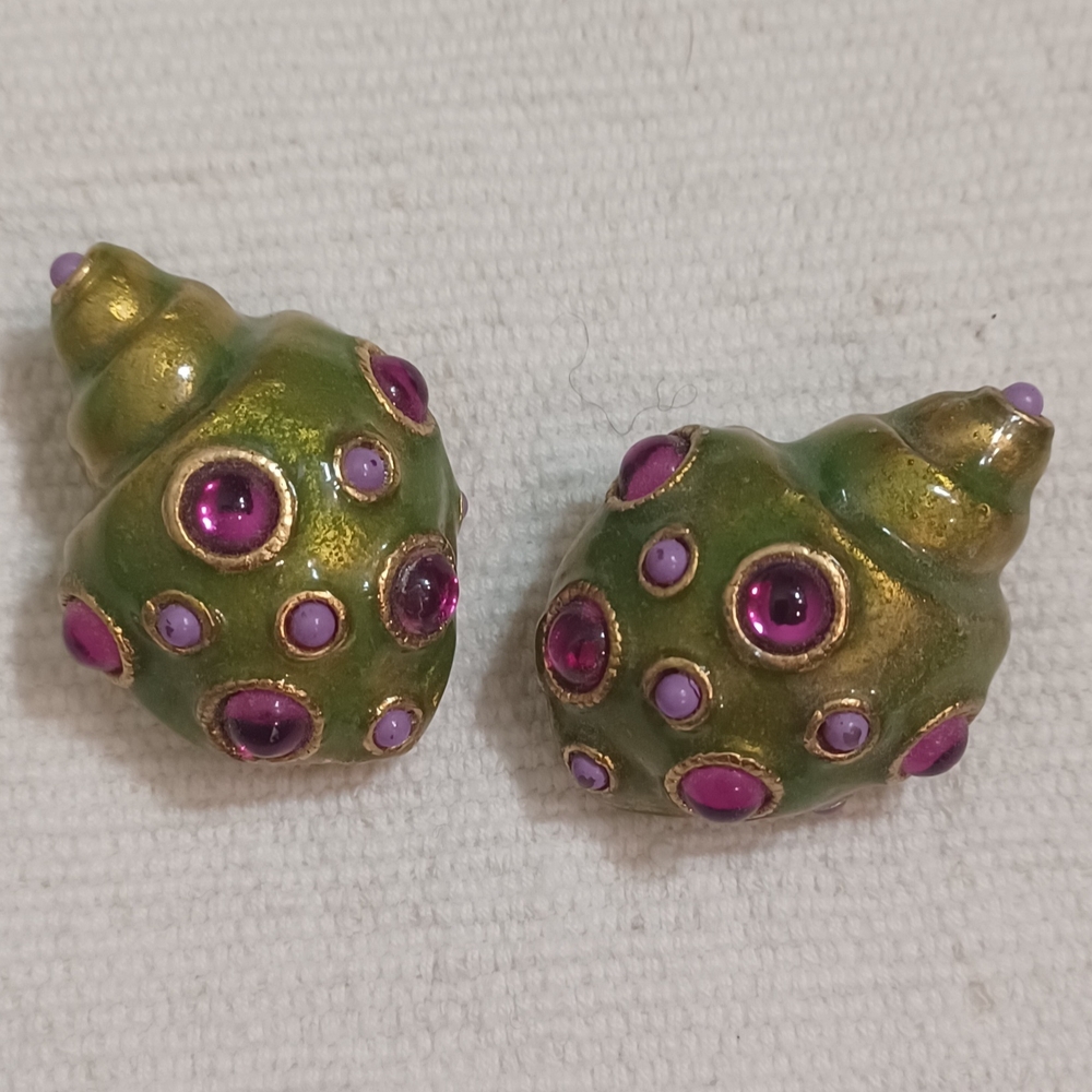 Green and Gold Shell Earrings with Pink Accents